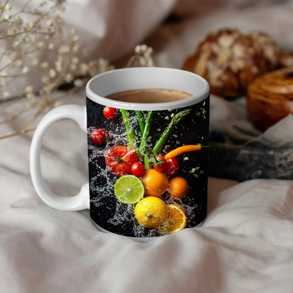 Fresh Vegetables Fruits Water Splash Dark Background – Mugs