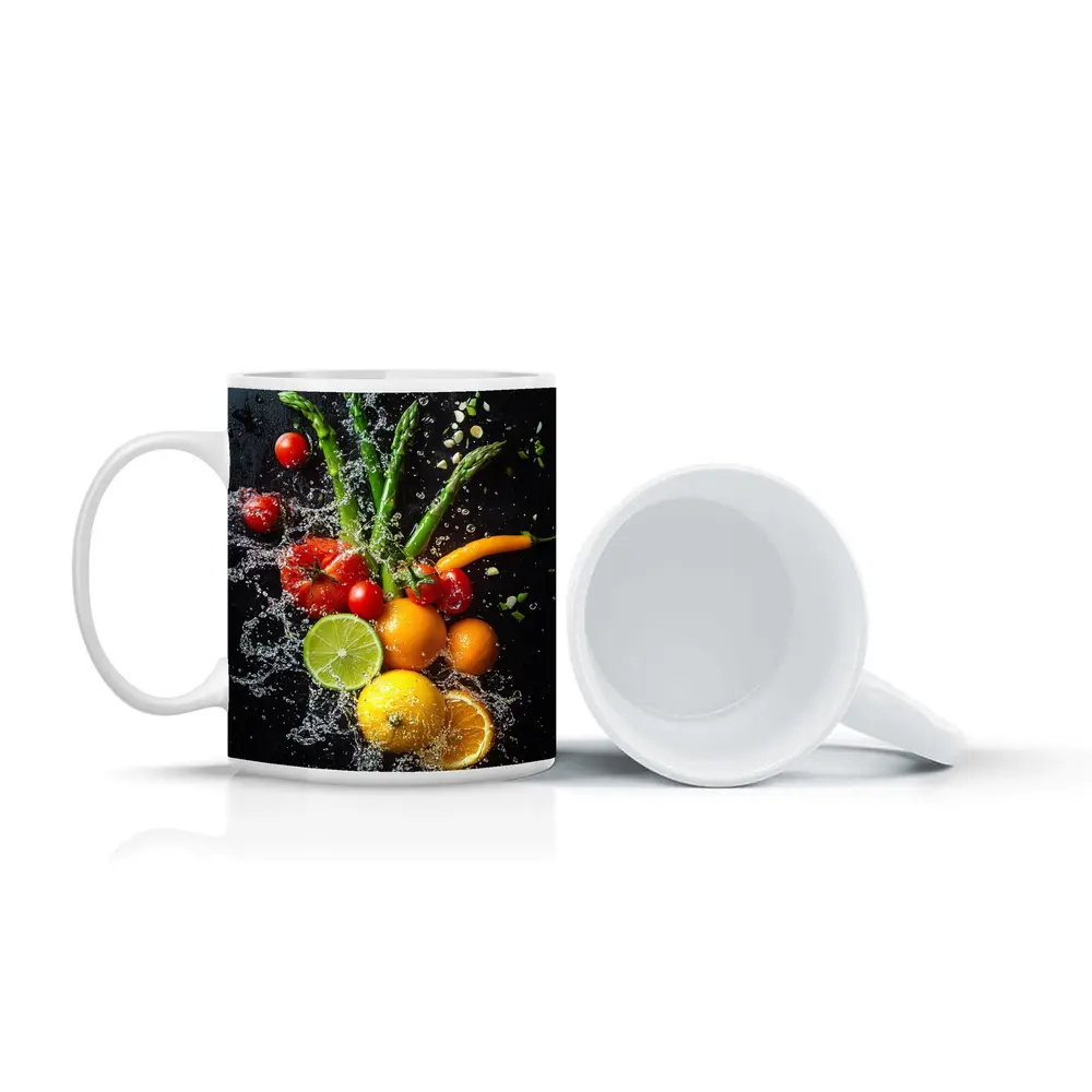 Fresh Vegetables Fruits Water Splash Dark Background – Mugs