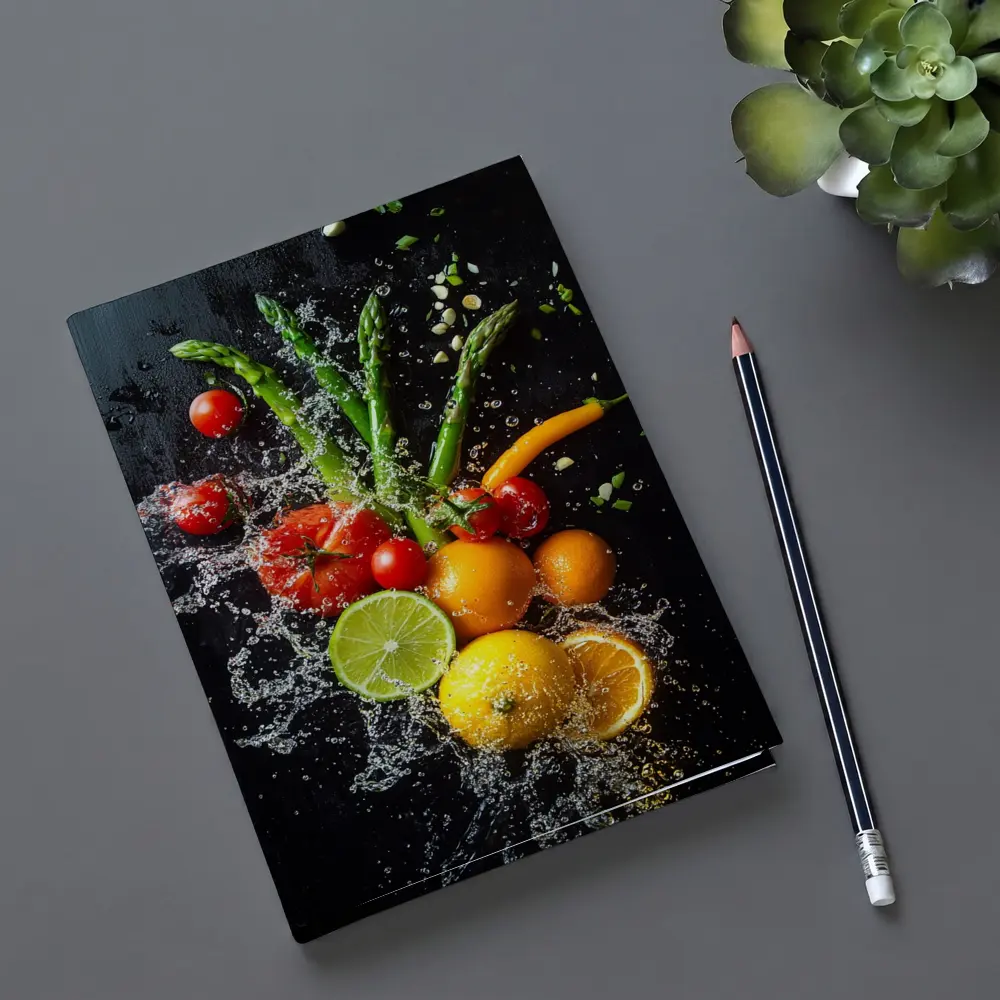Fresh Vegetables Fruits Water Splash Dark Background – Notebooks