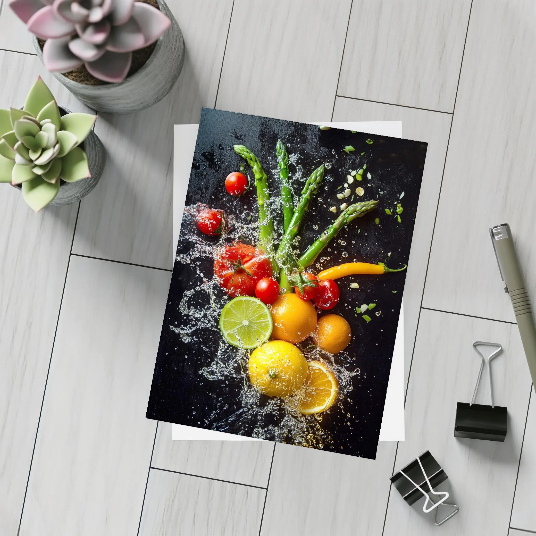 Fresh Vegetables Fruits Water Splash Dark Background – Postcards