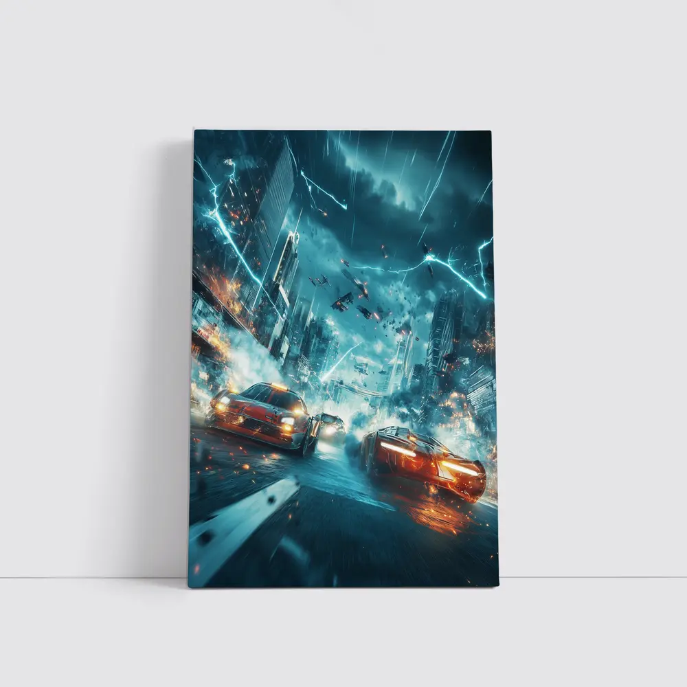Futuristic Cars Racing Through Stormy City – Wall Art