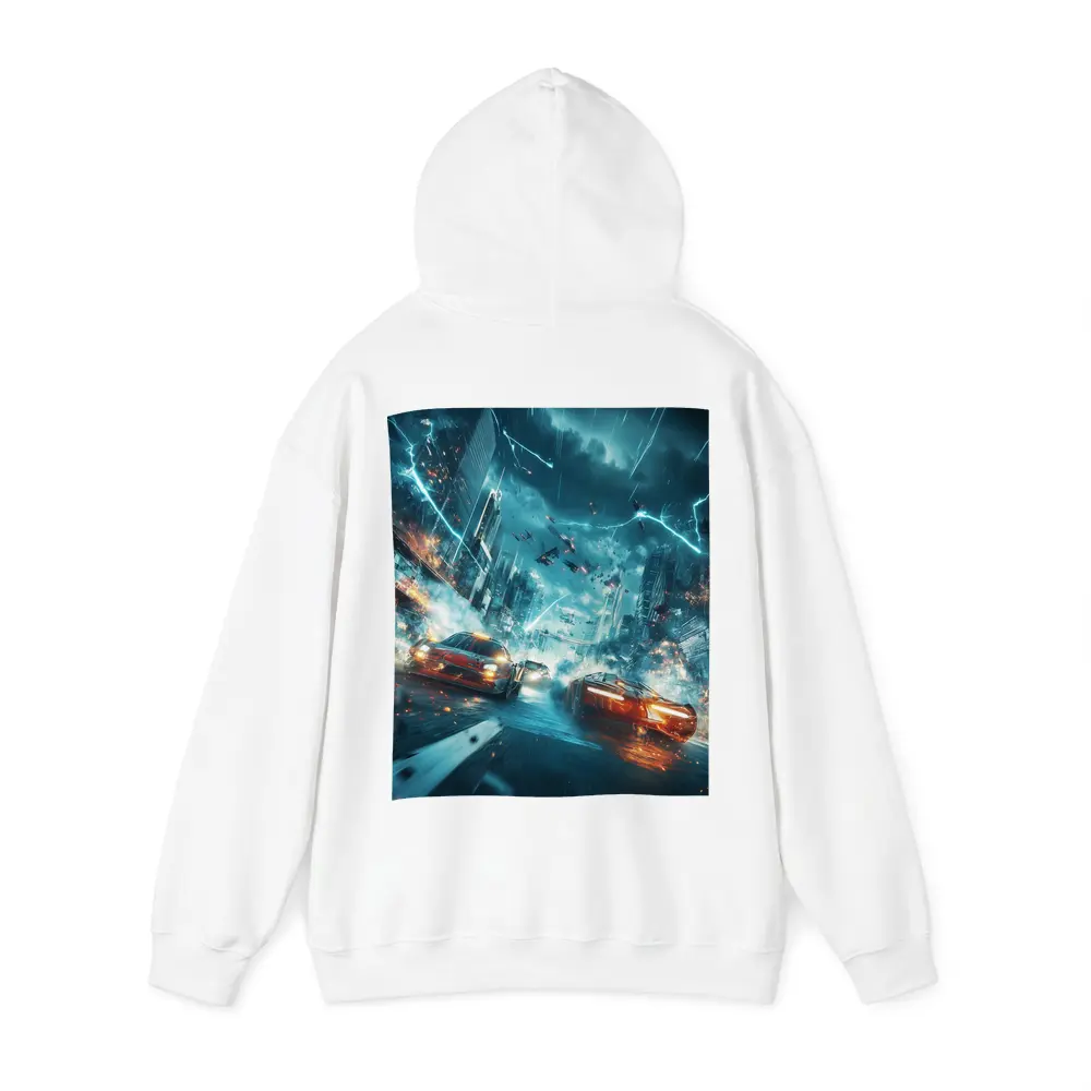 Futuristic Cars Racing Through Stormy City – Hoodies