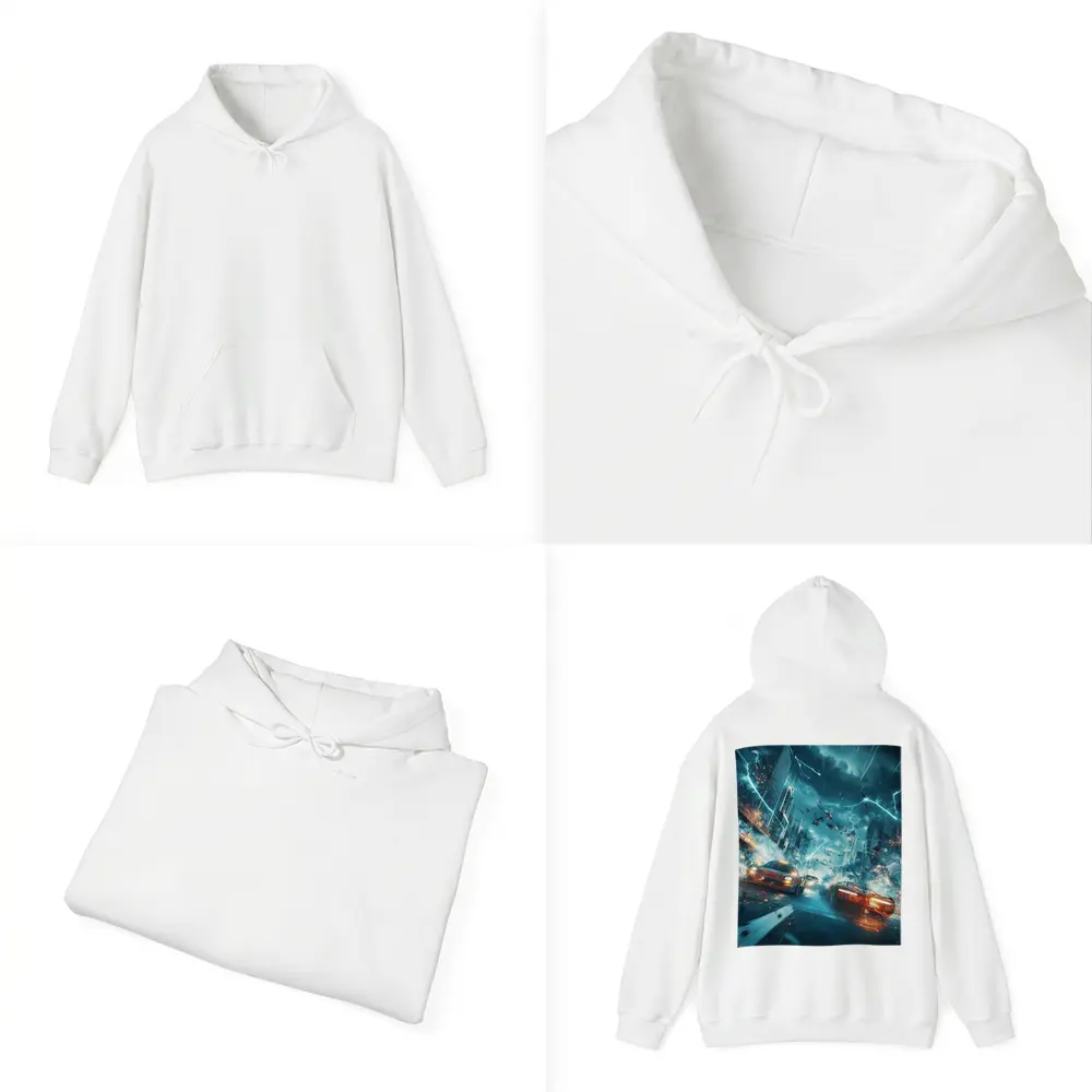 Futuristic Cars Racing Through Stormy City – Hoodies