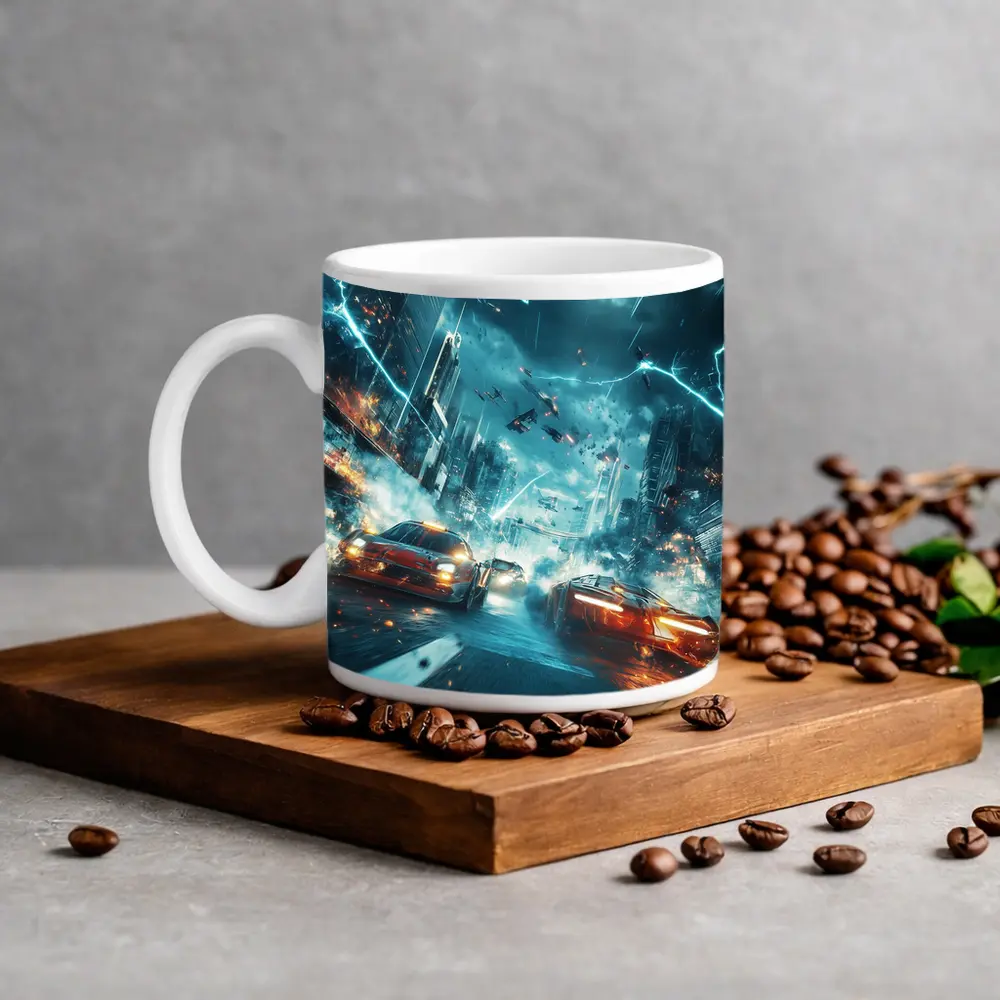 Futuristic Cars Racing Through Stormy City – Mugs