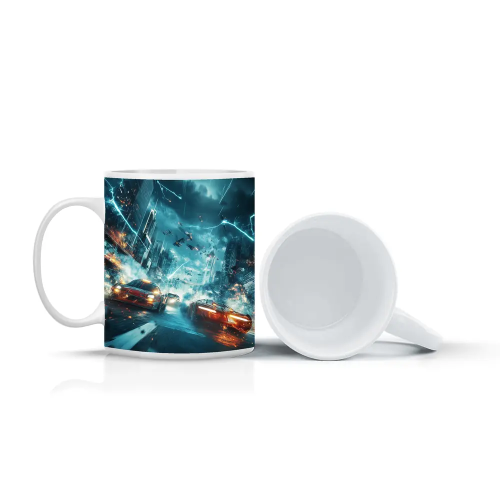 Futuristic Cars Racing Through Stormy City – Mugs