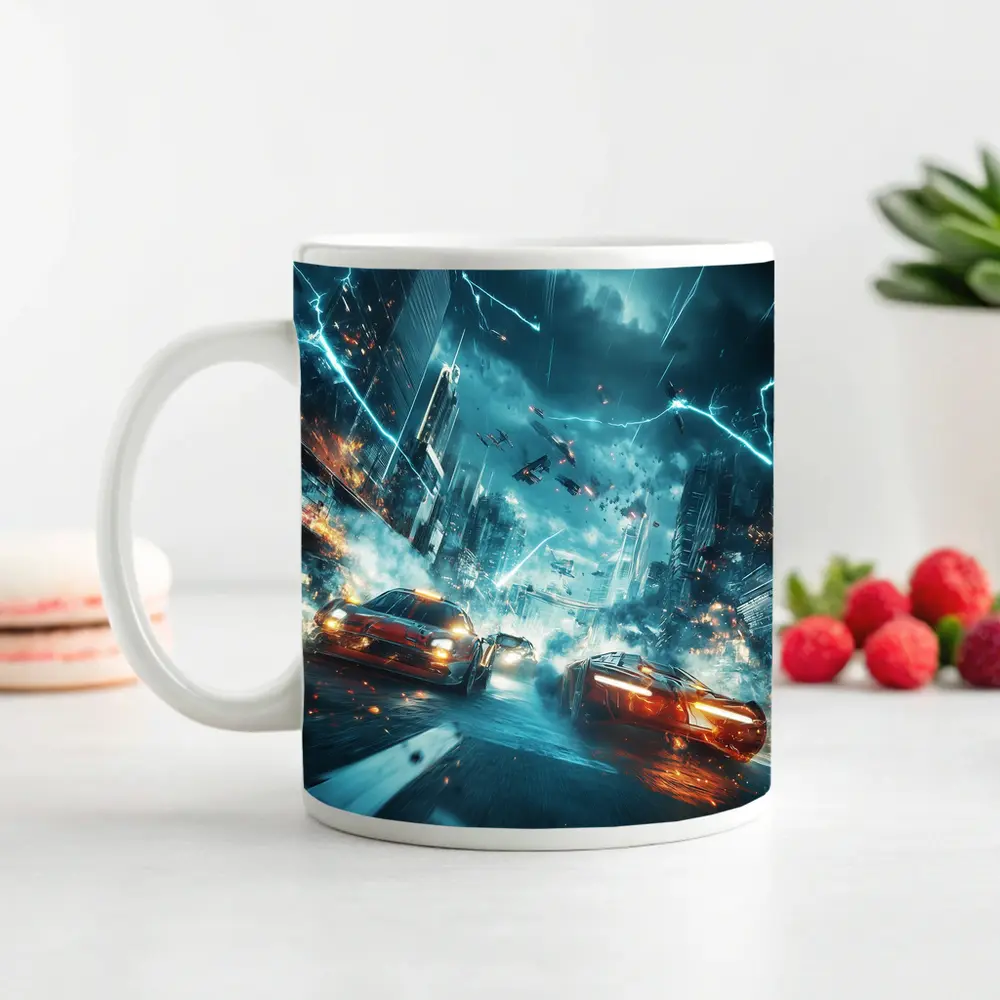 Futuristic Cars Racing Through Stormy City – Mugs