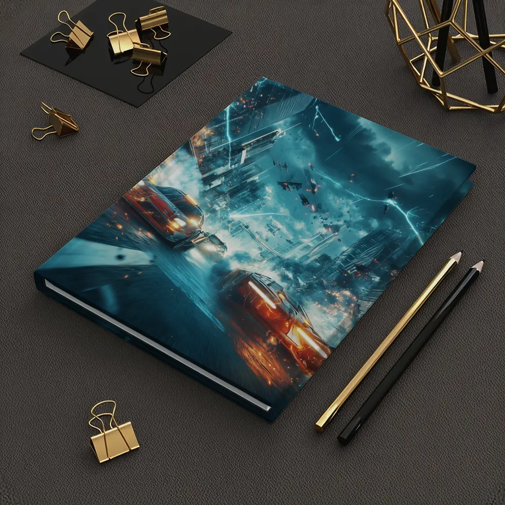 Futuristic Cars Racing Through Stormy City – Notebooks