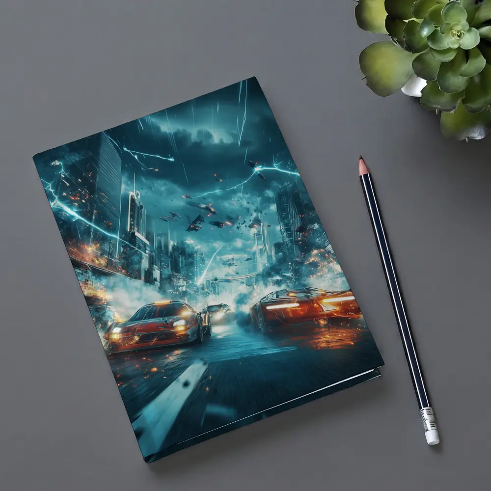 Futuristic Cars Racing Through Stormy City – Notebooks