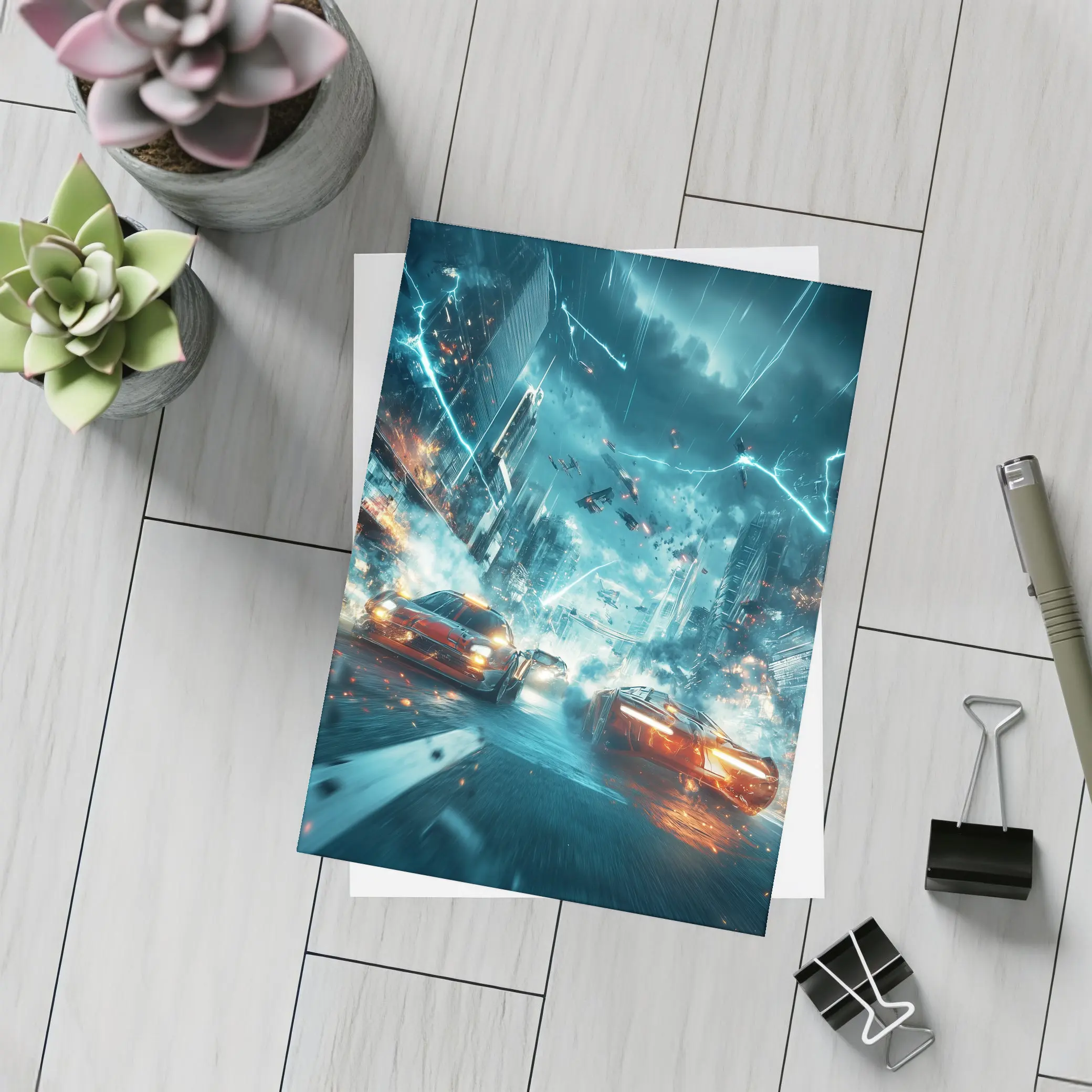 Futuristic Cars Racing Through Stormy City – Postcards