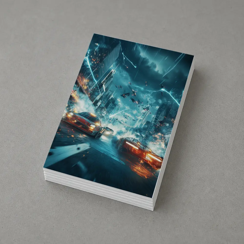 Futuristic Cars Racing Through Stormy City – Postcards
