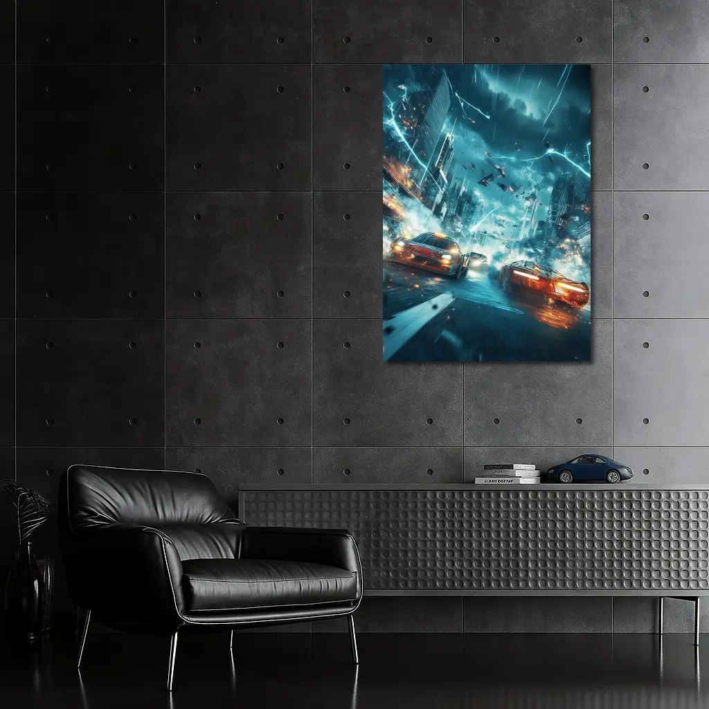 Futuristic Cars Racing Through Stormy City – Wall Art