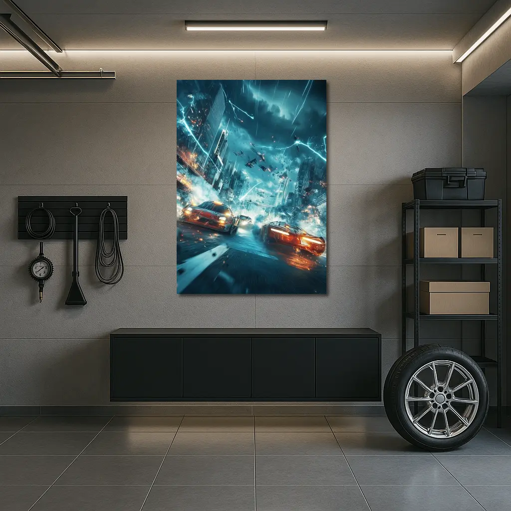 Futuristic Cars Racing Through Stormy City – Wall Art