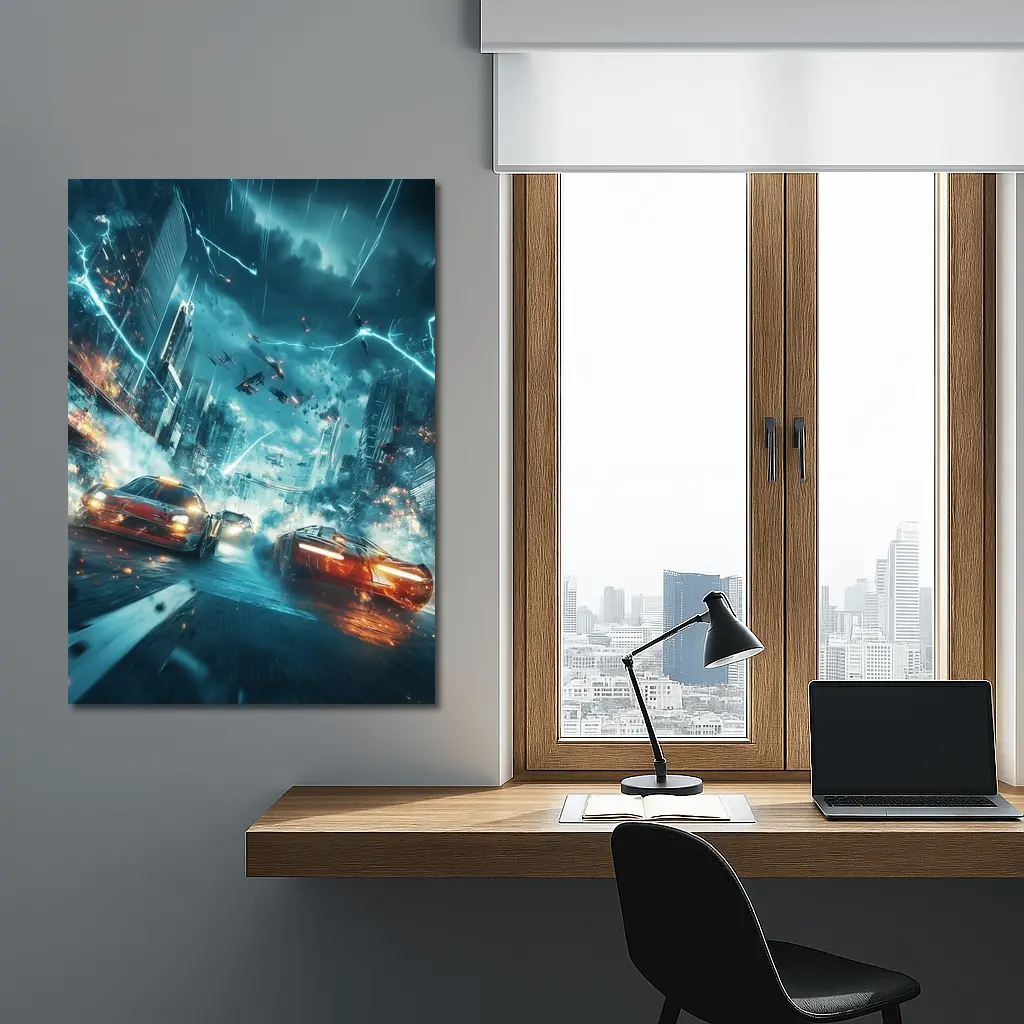 Futuristic Cars Racing Through Stormy City – Wall Art