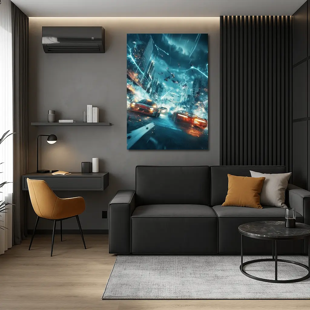 Futuristic Cars Racing Through Stormy City – Wall Art