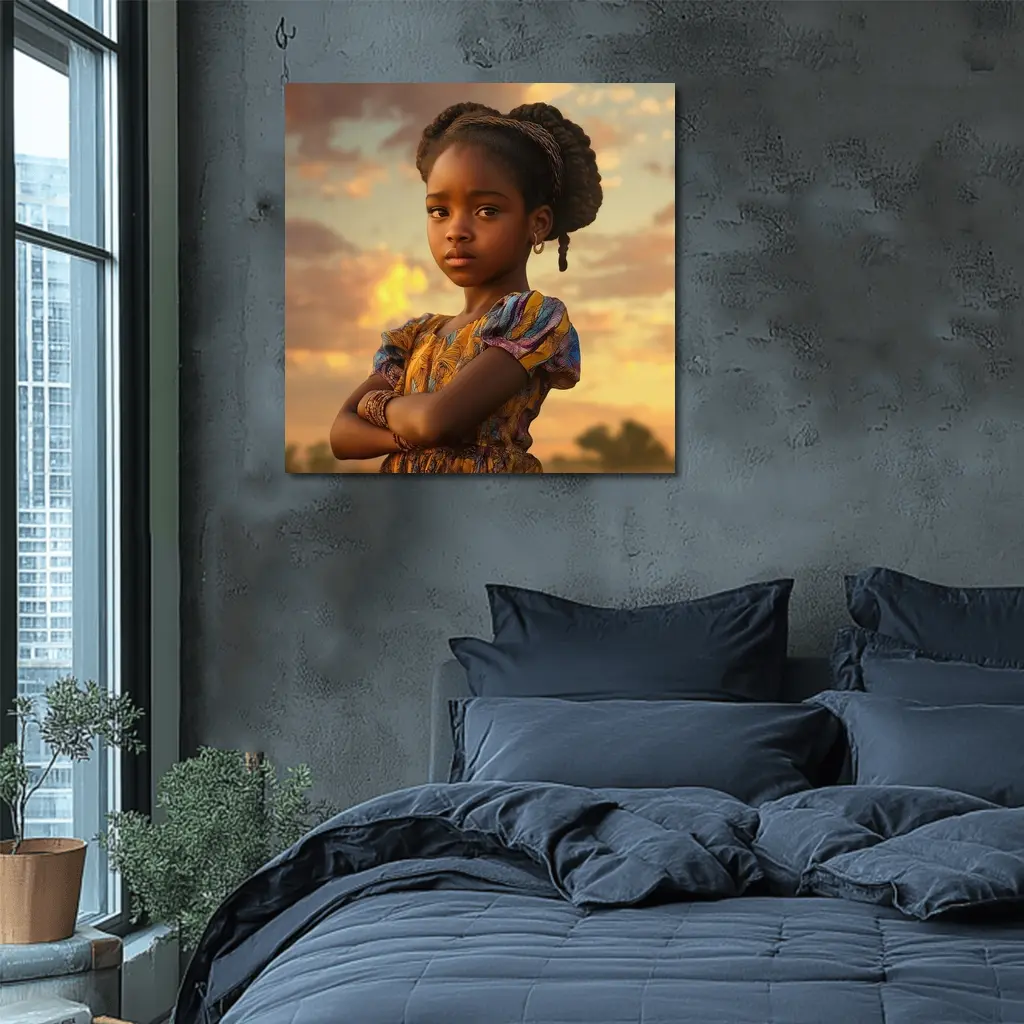 Confident Young Girl Golden Sunset Sky – Wall Art