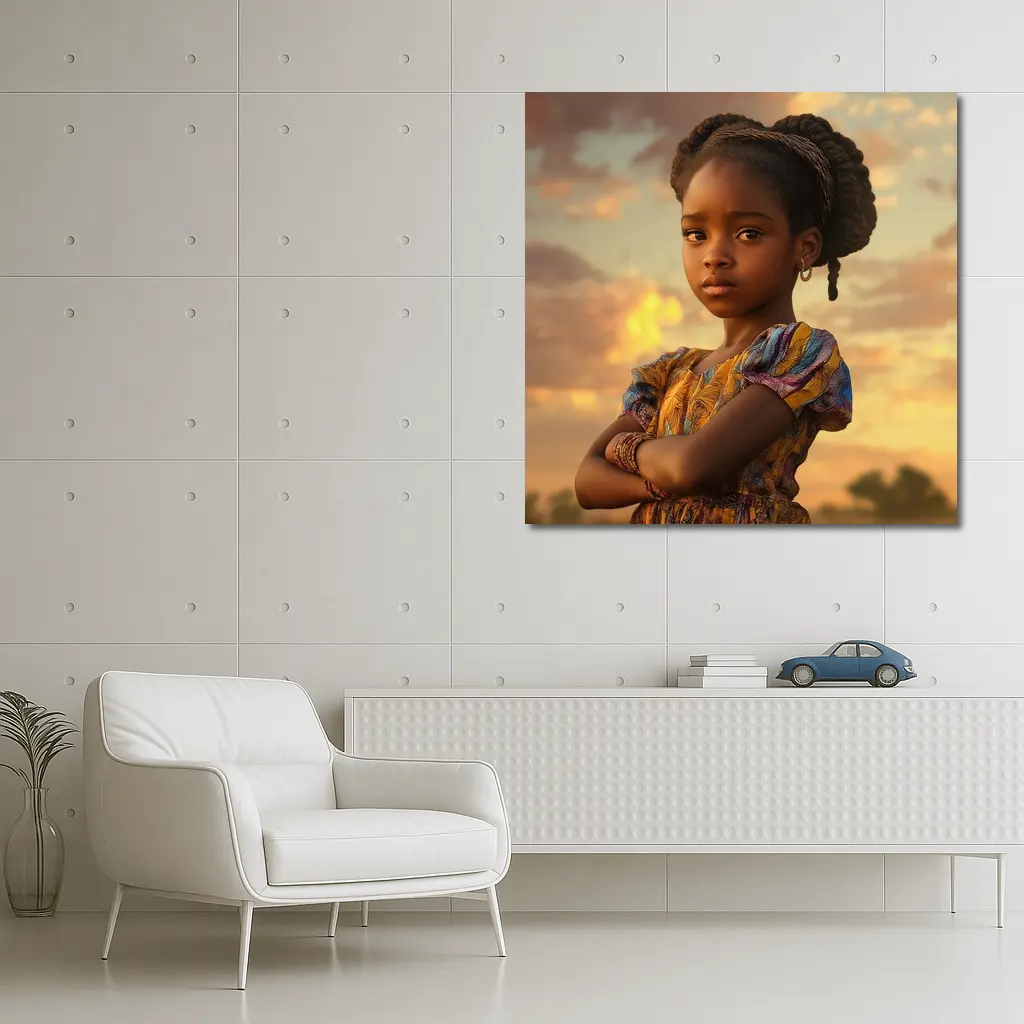 Confident Young Girl Golden Sunset Sky – Wall Art