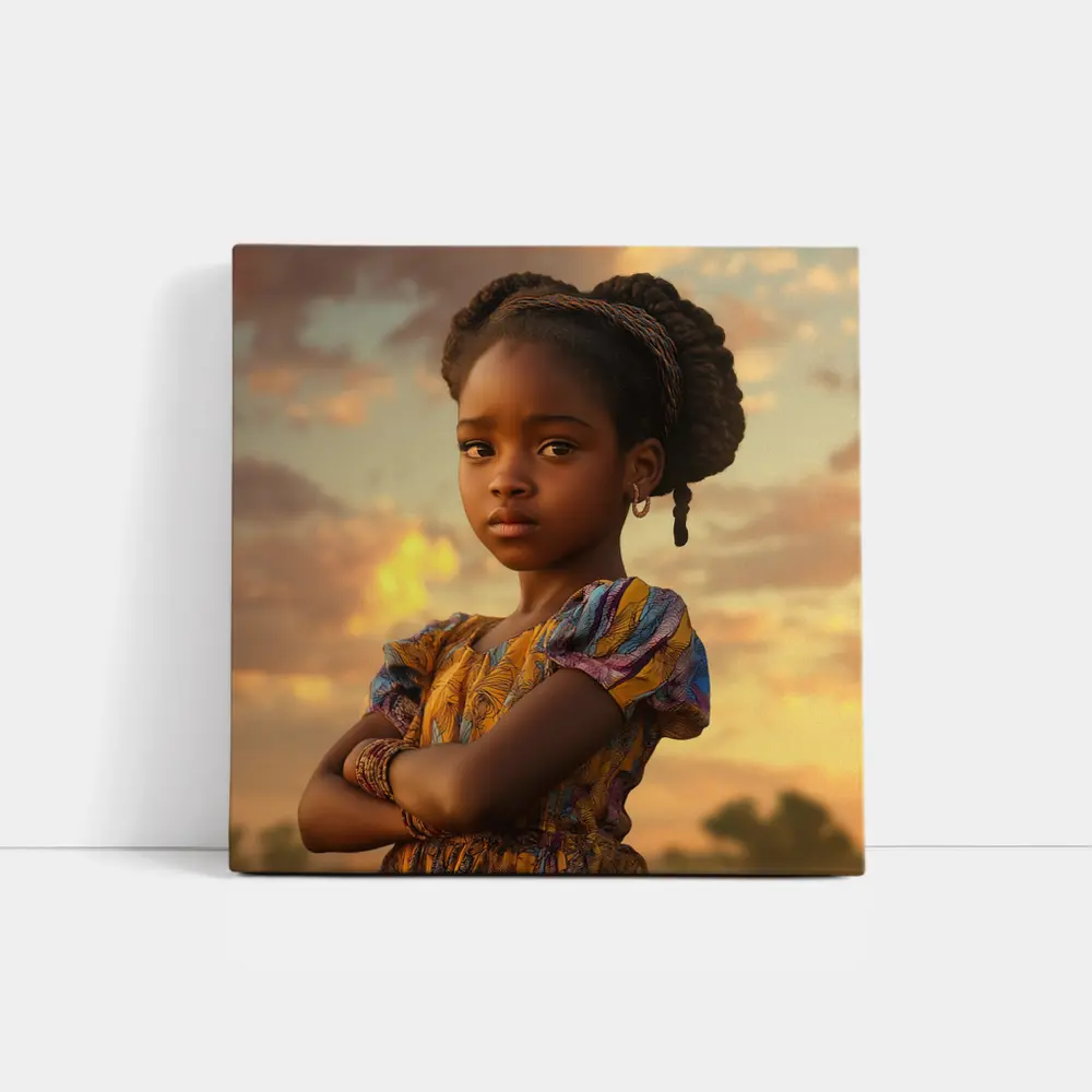 Confident Young Girl Golden Sunset Sky – Wall Art