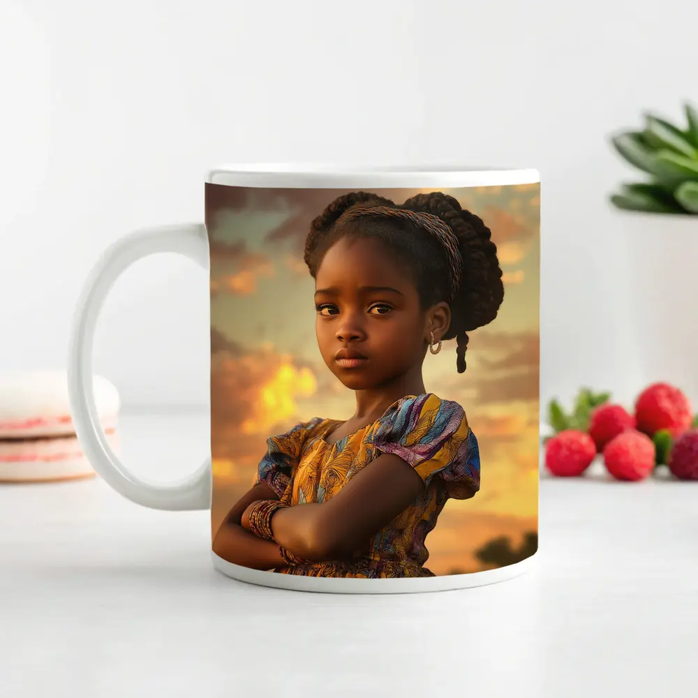 Confident Young Girl Golden Sunset Sky – Mugs