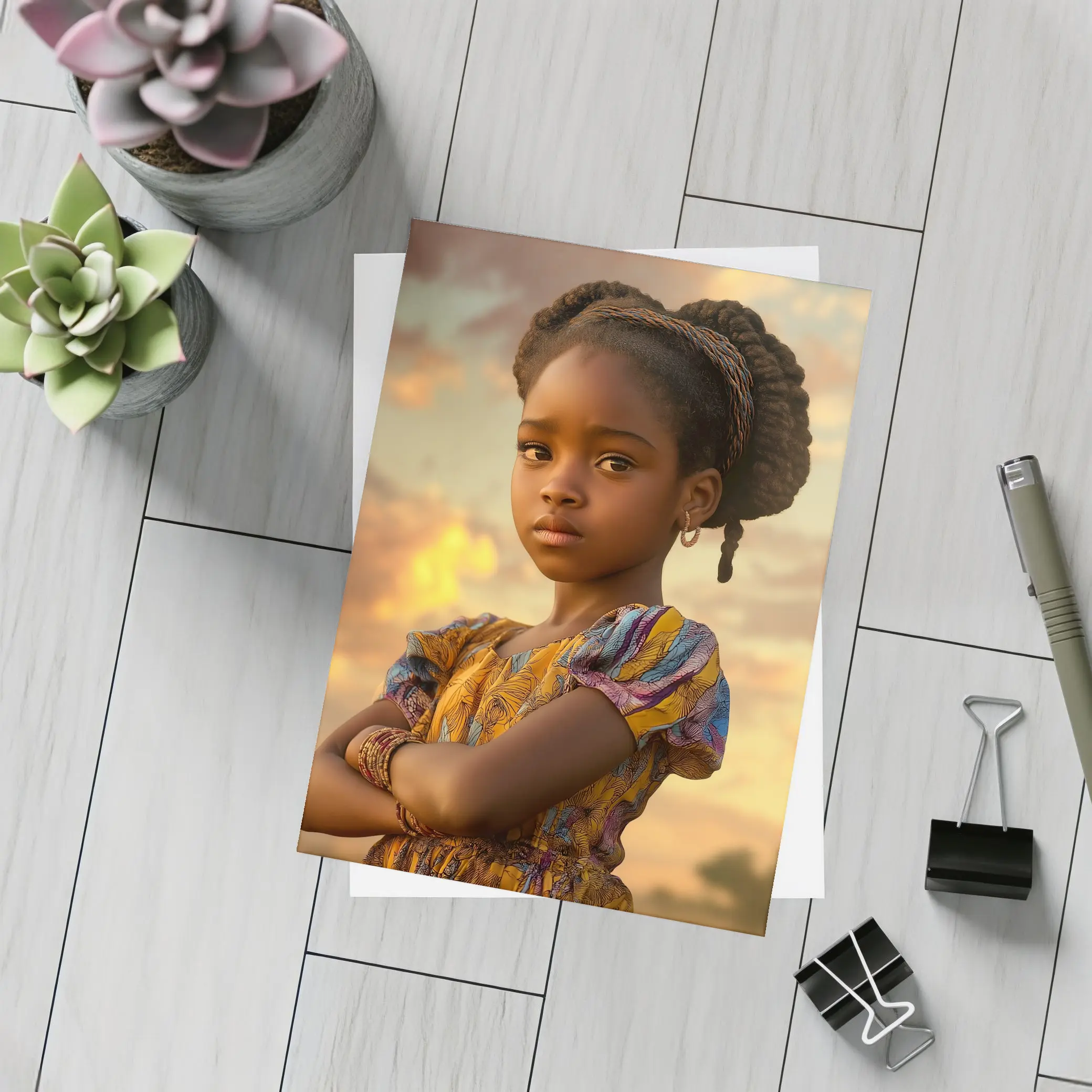 Confident Young Girl Golden Sunset Sky – Postcards