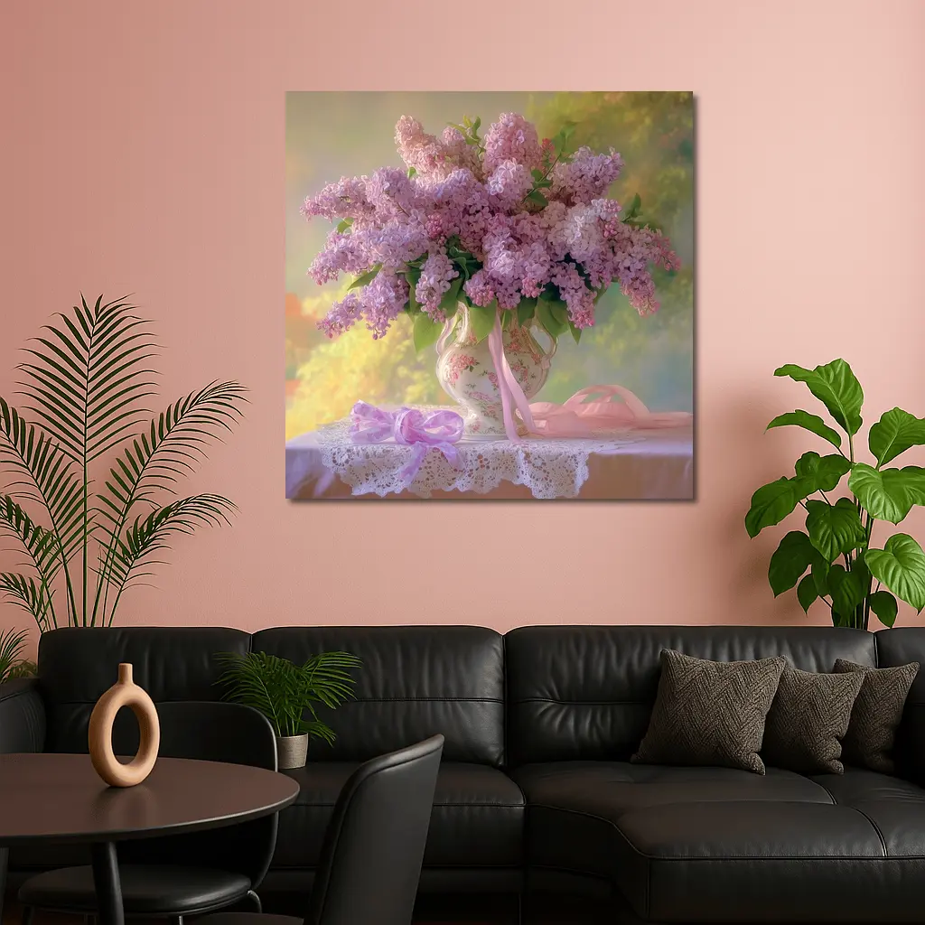 Lilac Bouquet Porcelain Vase Lace Table – Wall Art
