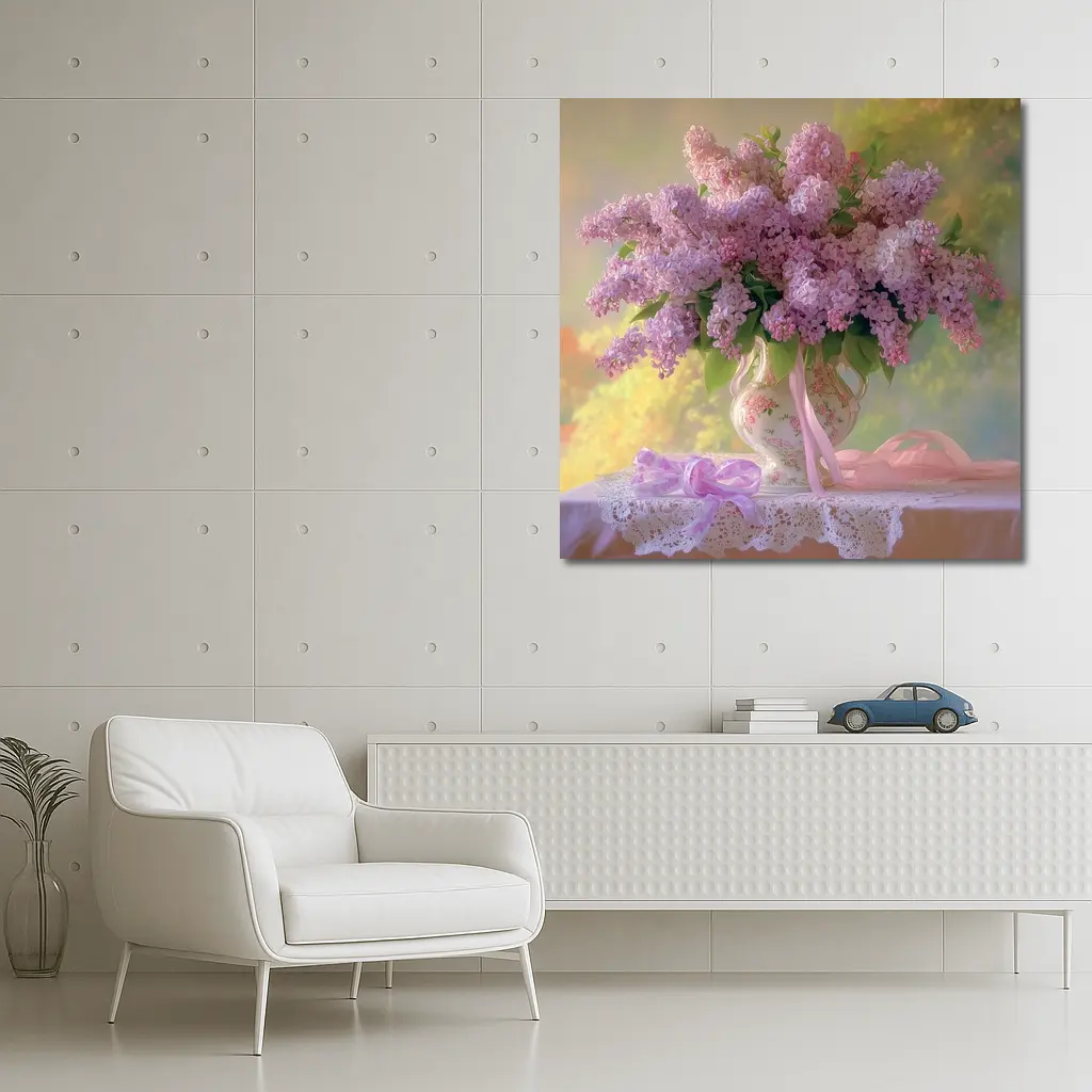 Lilac Bouquet Porcelain Vase Lace Table – Wall Art