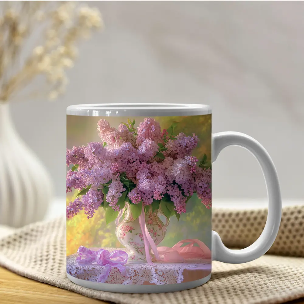 Lilac Bouquet Porcelain Vase Lace Table – Mugs