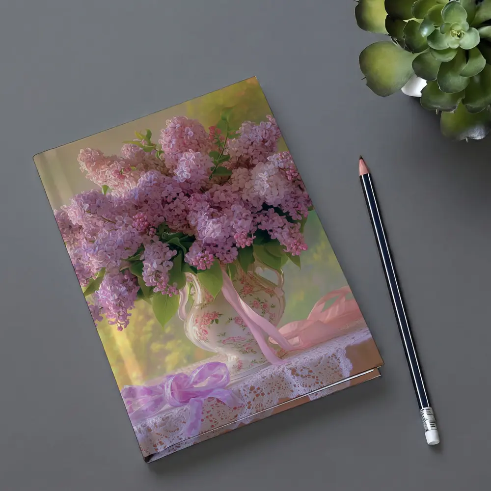 Lilac Bouquet Porcelain Vase Lace Table – Notebooks