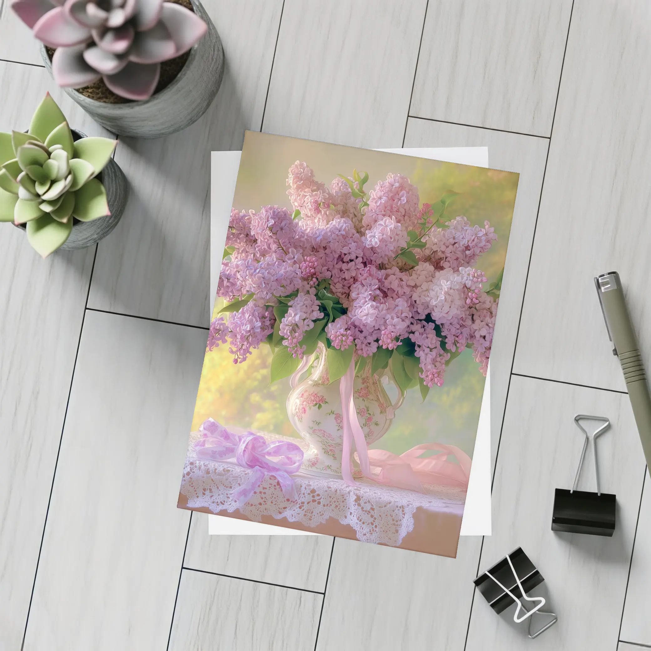 Lilac Bouquet Porcelain Vase Lace Table – Postcards