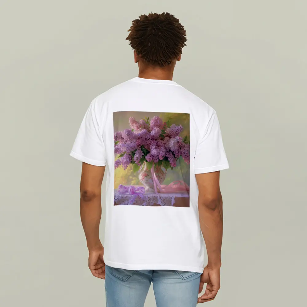 Lilac Bouquet Porcelain Vase Lace Table – T-Shirts
