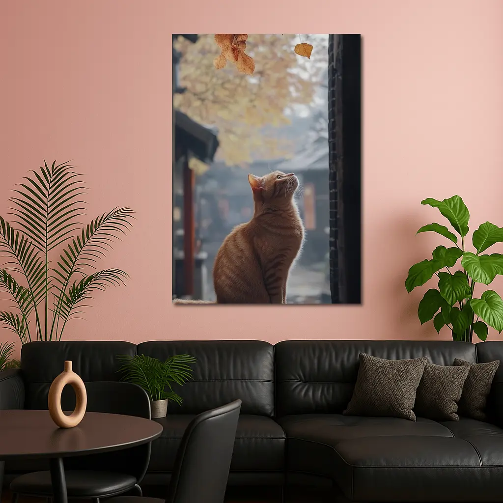 Orange Cat Watching Autumn Leaves Fall – Wall Art