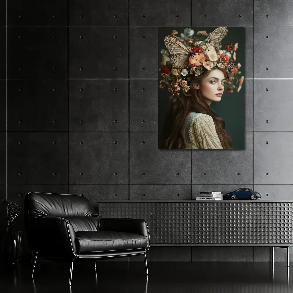 Woman Flower Crown Butterflies Dark Background – Wall Art