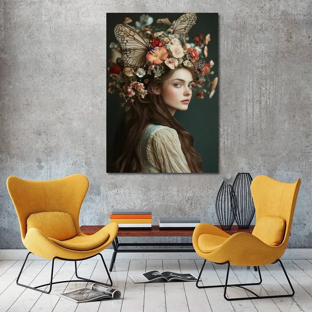 Woman Flower Crown Butterflies Dark Background – Wall Art