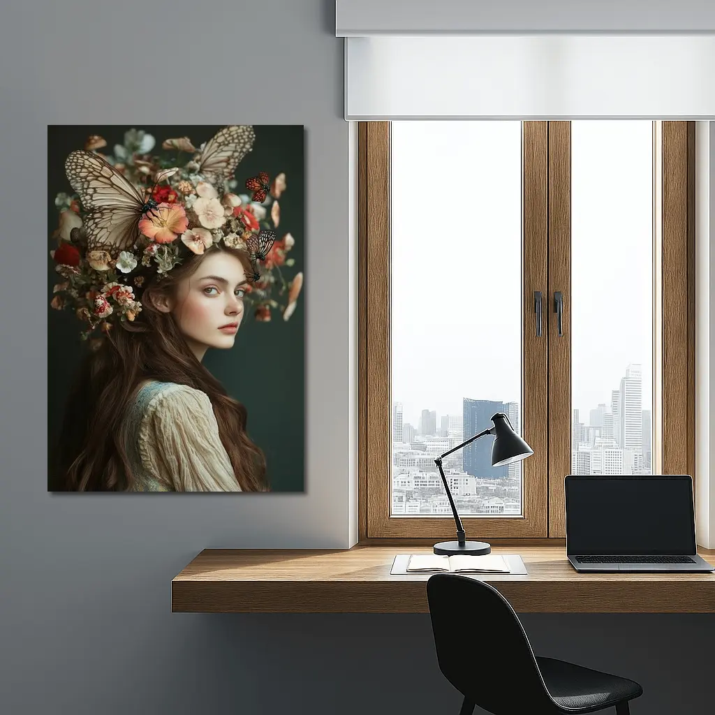 Woman Flower Crown Butterflies Dark Background – Wall Art