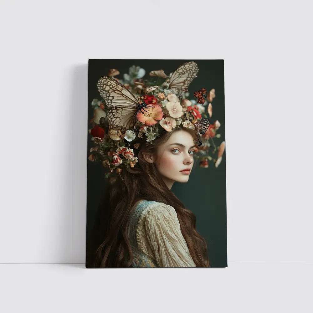Woman Flower Crown Butterflies Dark Background – Wall Art