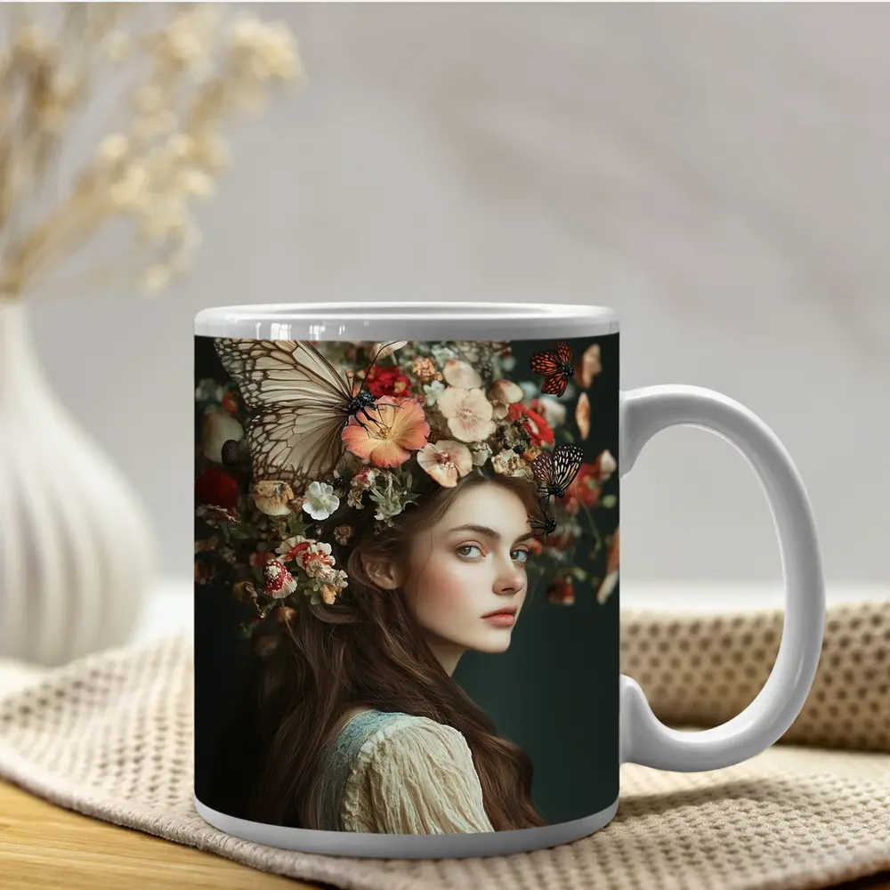 Woman Flower Crown Butterflies Dark Background – Mugs