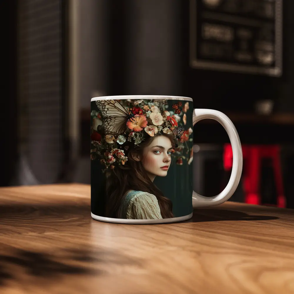 Woman Flower Crown Butterflies Dark Background – Mugs