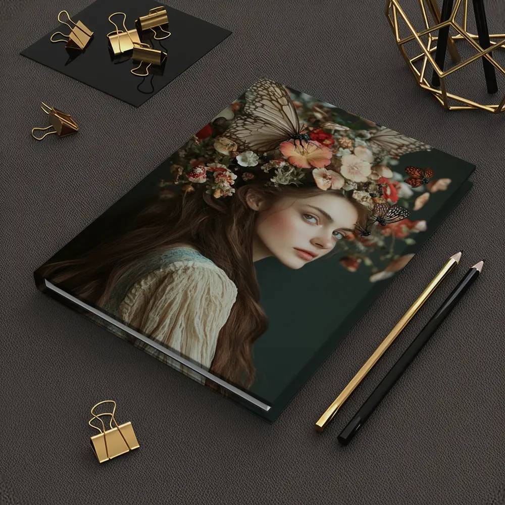 Woman Flower Crown Butterflies Dark Background – Notebooks