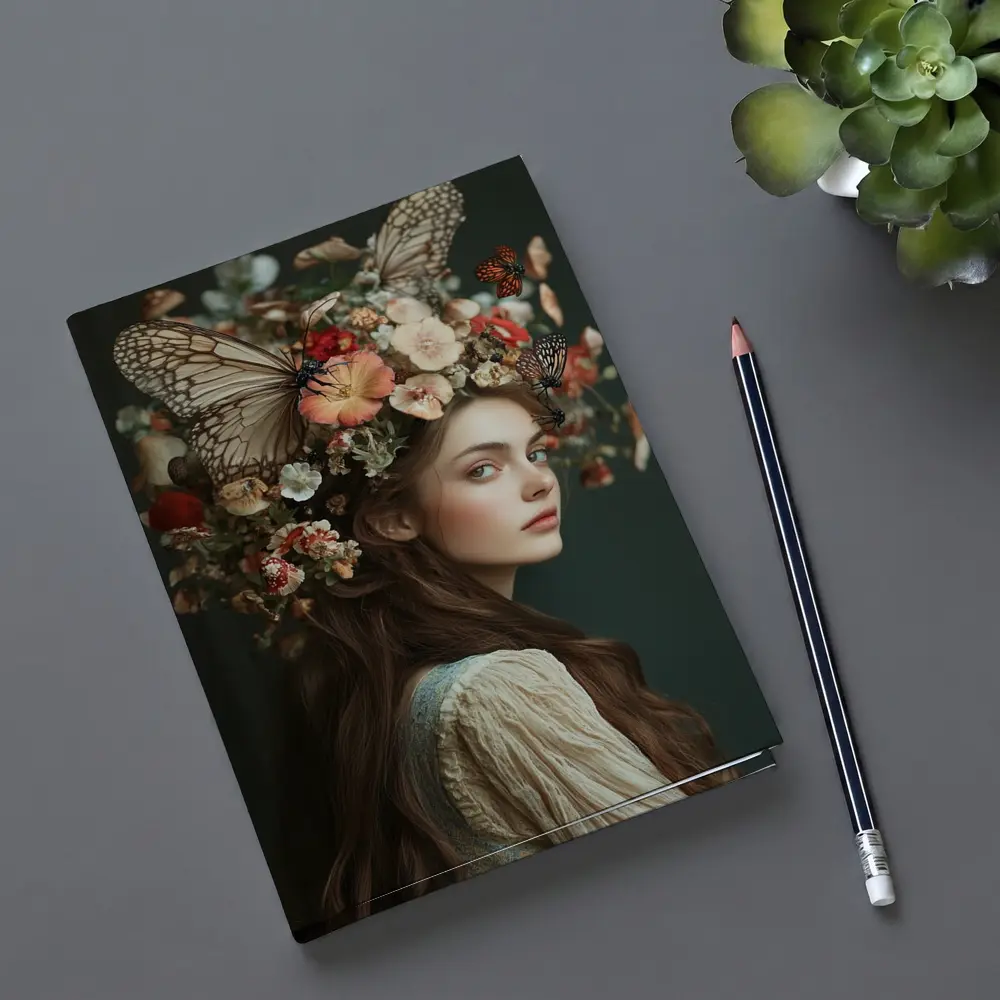 Woman Flower Crown Butterflies Dark Background – Notebooks