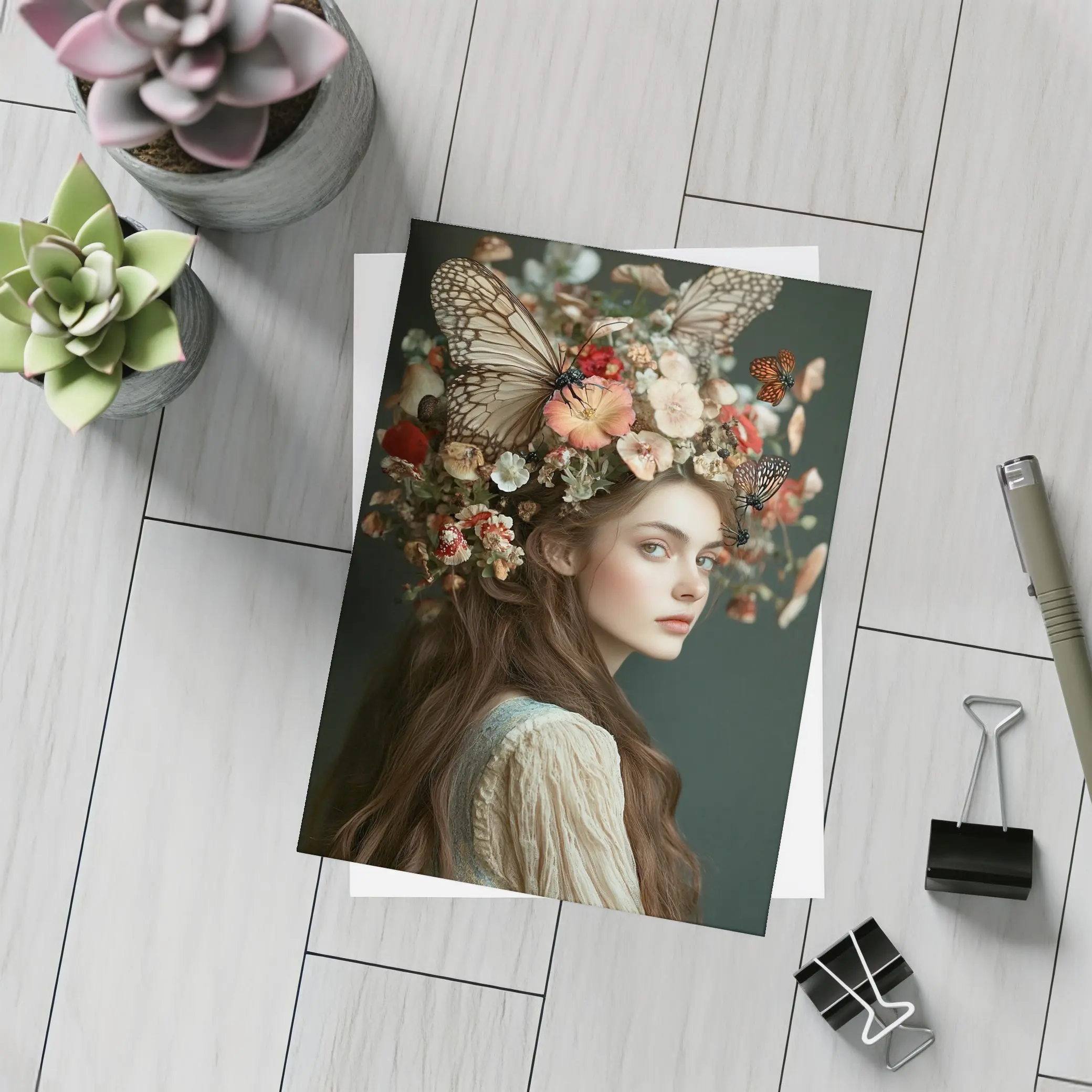 Woman Flower Crown Butterflies Dark Background – Postcards