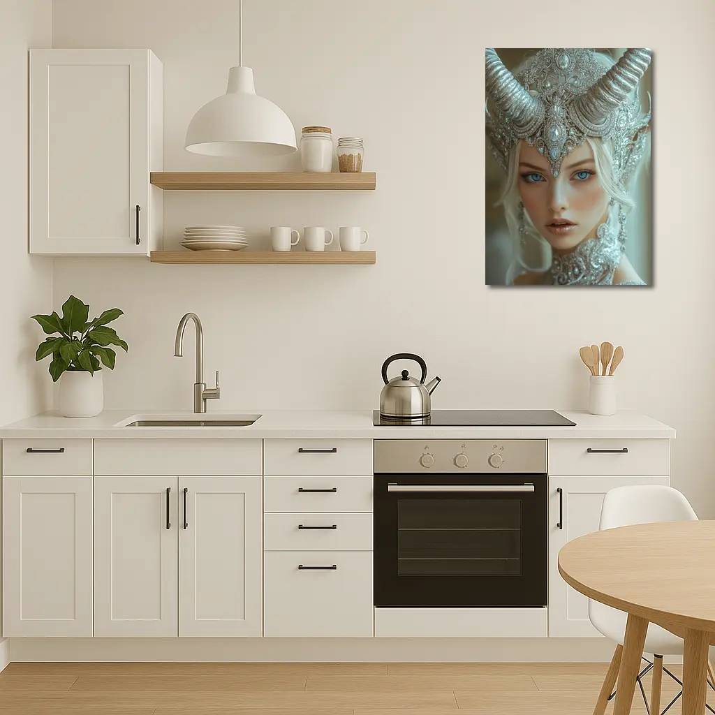 Fantasy White Horned Queen Silver Crown Portrait – Wall Art