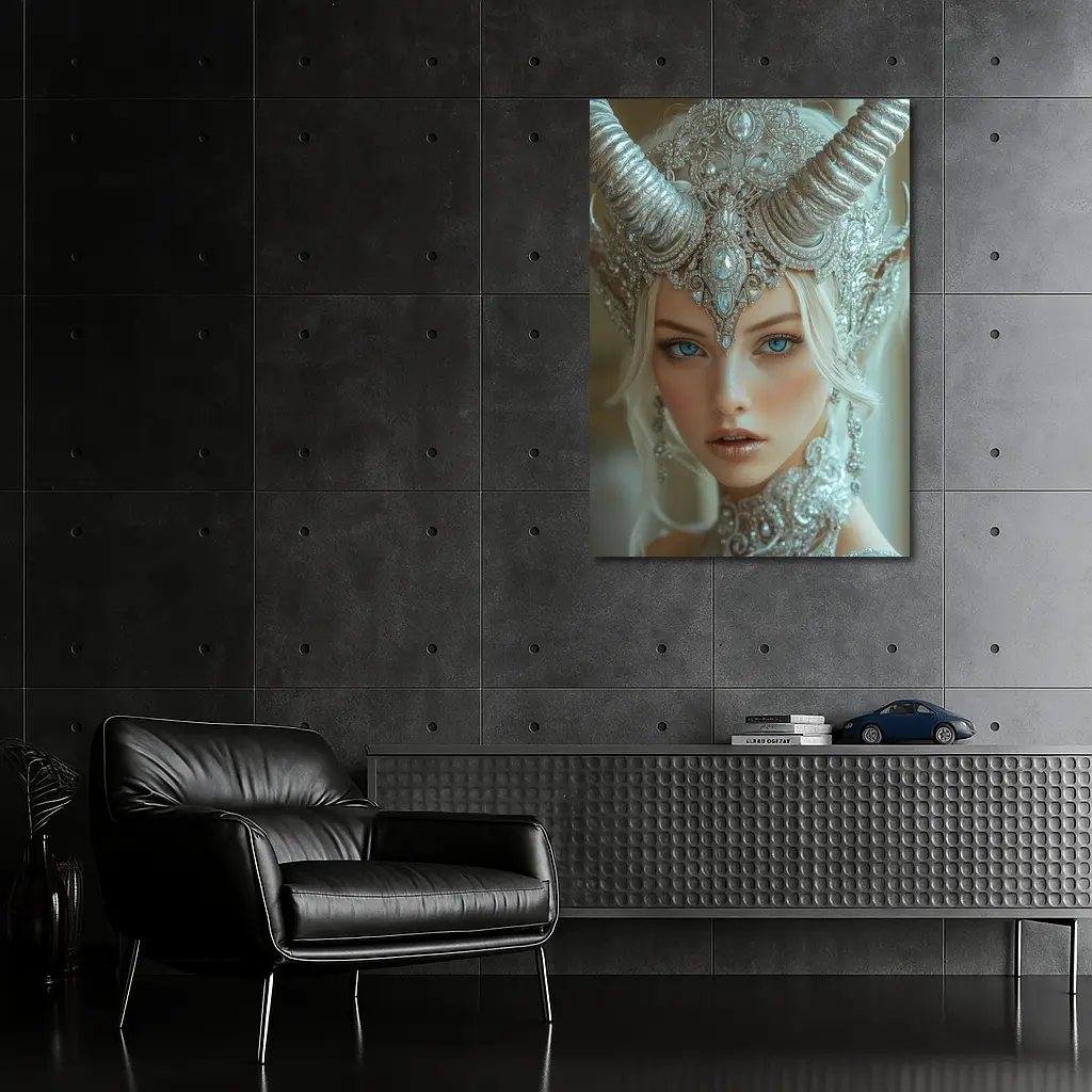 Fantasy White Horned Queen Silver Crown Portrait – Wall Art