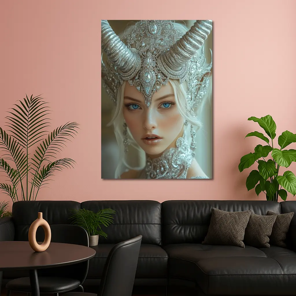 Fantasy White Horned Queen Silver Crown Portrait – Wall Art