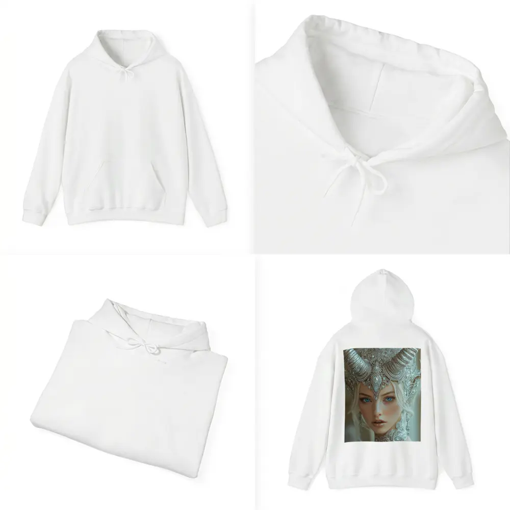 Fantasy White Horned Queen Silver Crown Portrait – Hoodies
