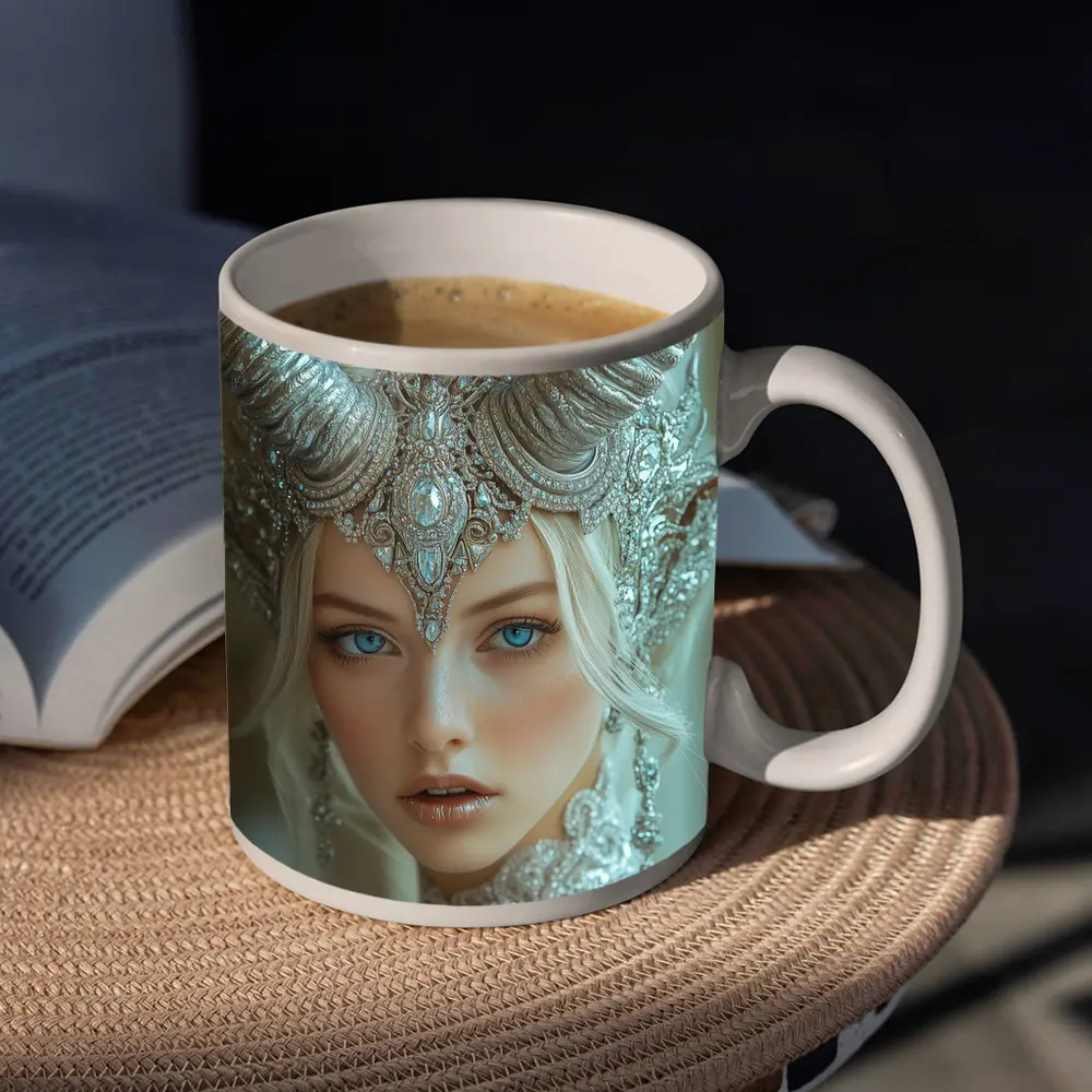 Fantasy White Horned Queen Silver Crown Portrait – Mugs