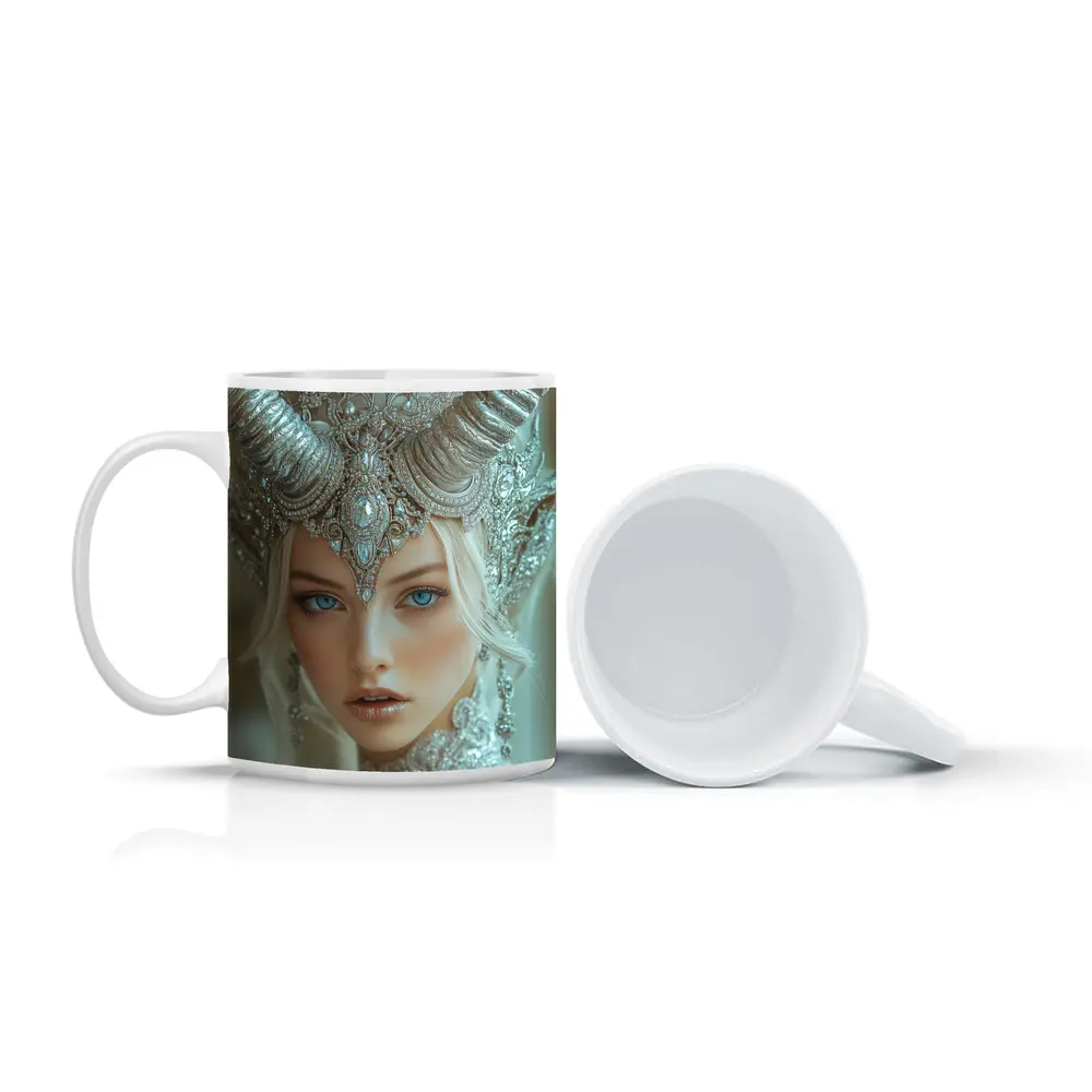 Fantasy White Horned Queen Silver Crown Portrait – Mugs