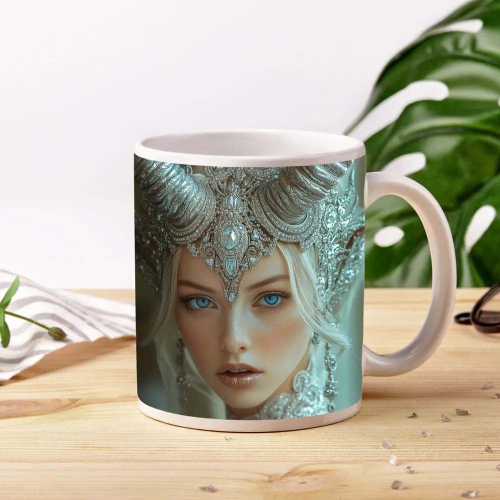 Fantasy White Horned Queen Silver Crown Portrait – Mugs