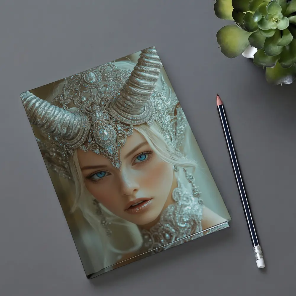 Fantasy White Horned Queen Silver Crown Portrait – Notebooks
