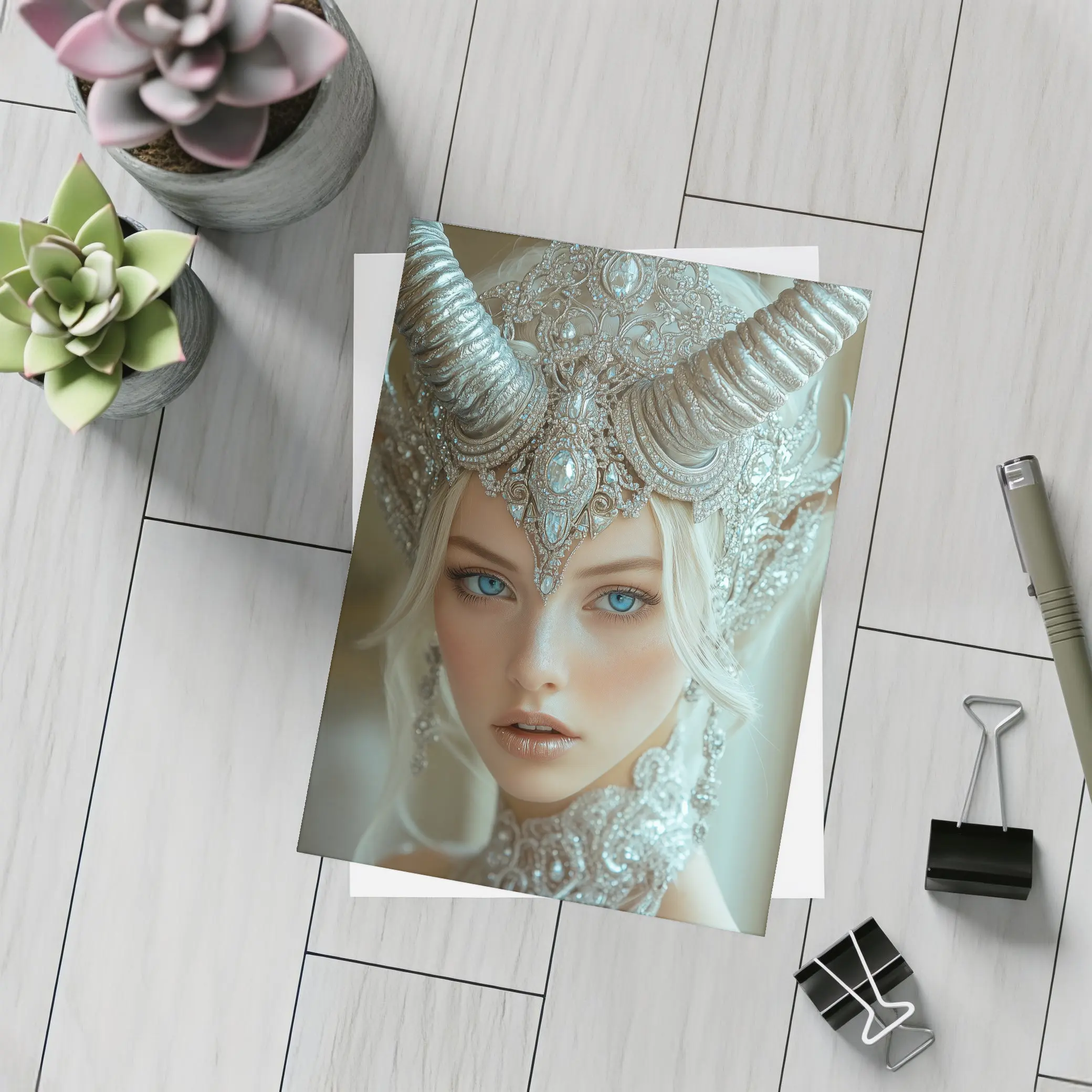 Fantasy White Horned Queen Silver Crown Portrait – Postcards