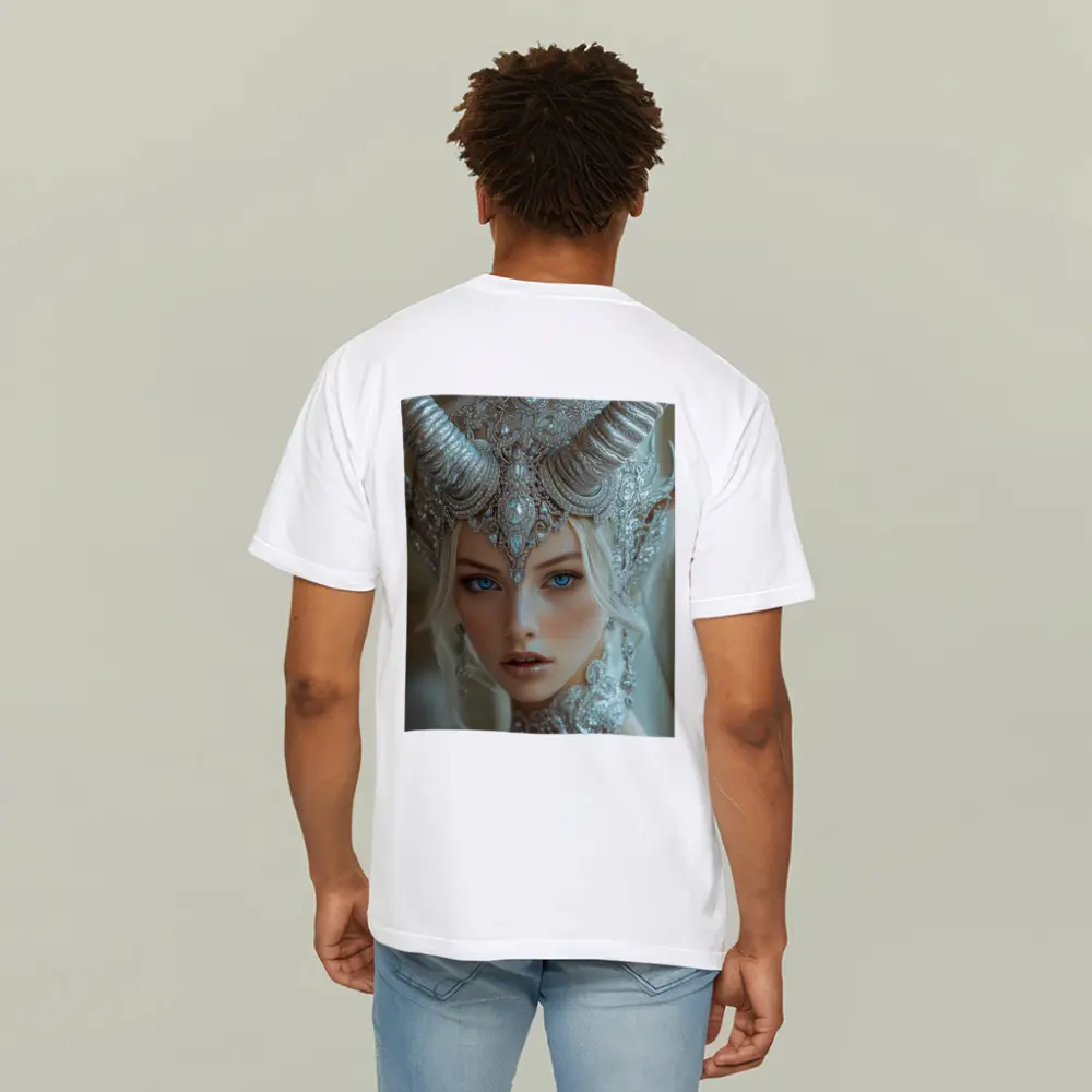 Fantasy White Horned Queen Silver Crown Portrait – T-Shirts