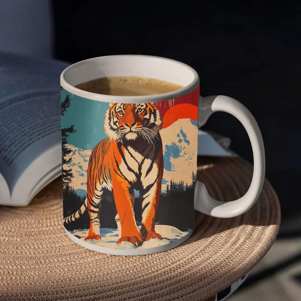 Tiger Standing in Snowy Mountain Landscape – Mugs